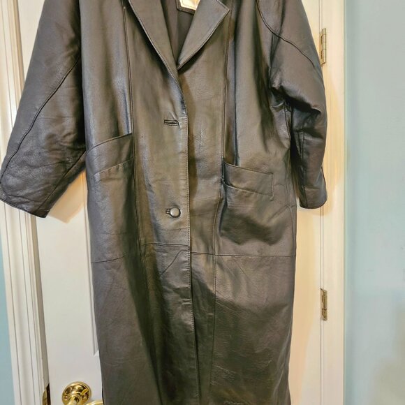 VTG MED Classic Laura Winston Black Leather Women's Button Up Long Trench Coat - Picture 13 of 16